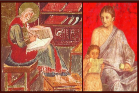Fresco details showing saint writing in codex on left and woman and child with scrolls on right